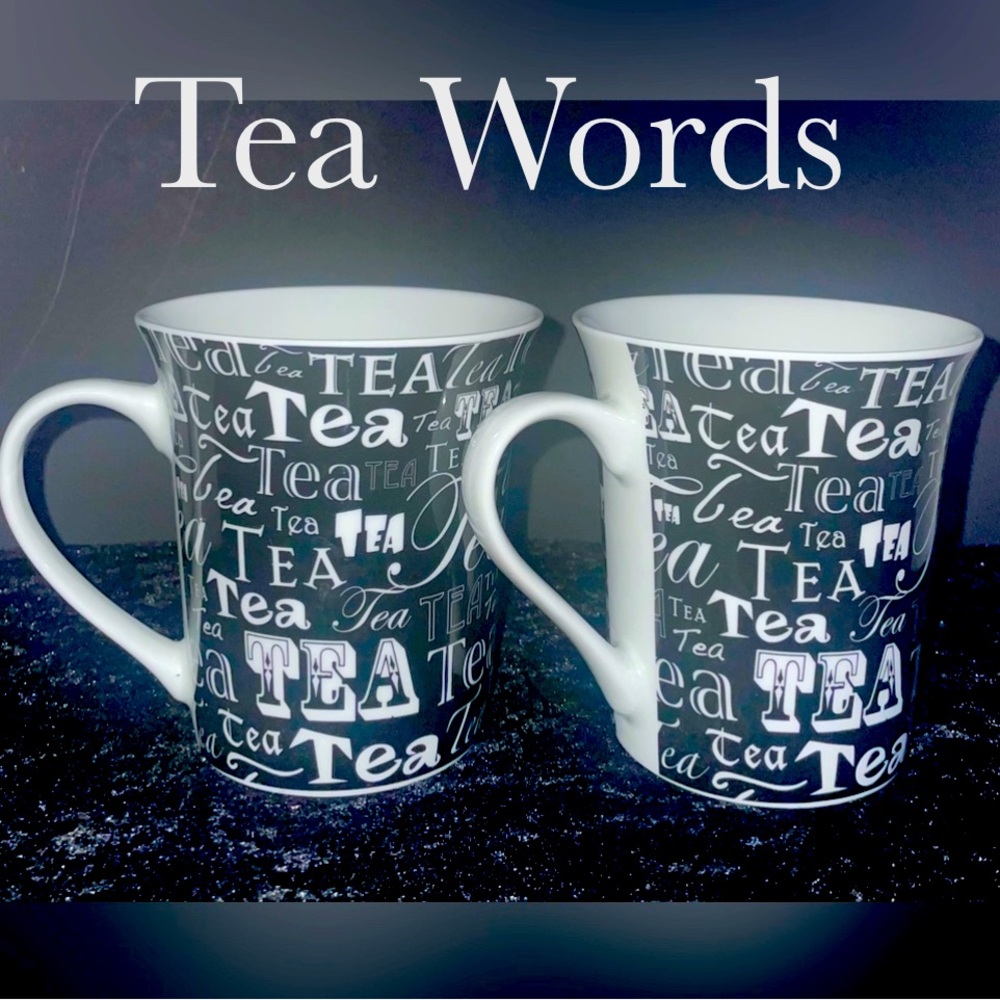 TEA WORDS Two Tea Coffee Cups 14oz Porcelain Black White / Zrike NEW
